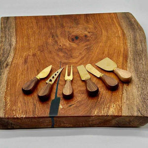 Mesquite Live Edge Charcuterie / Cutting Board With 6 Cheese Knives Set, 18x17x1.75 by Mindful Creations Woodworking