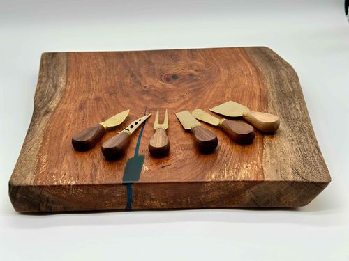 Mesquite Live Edge Charcuterie / Cutting Board With 6 Cheese Knives Set, 18x17x1.75 by Mindful Creations Woodworking