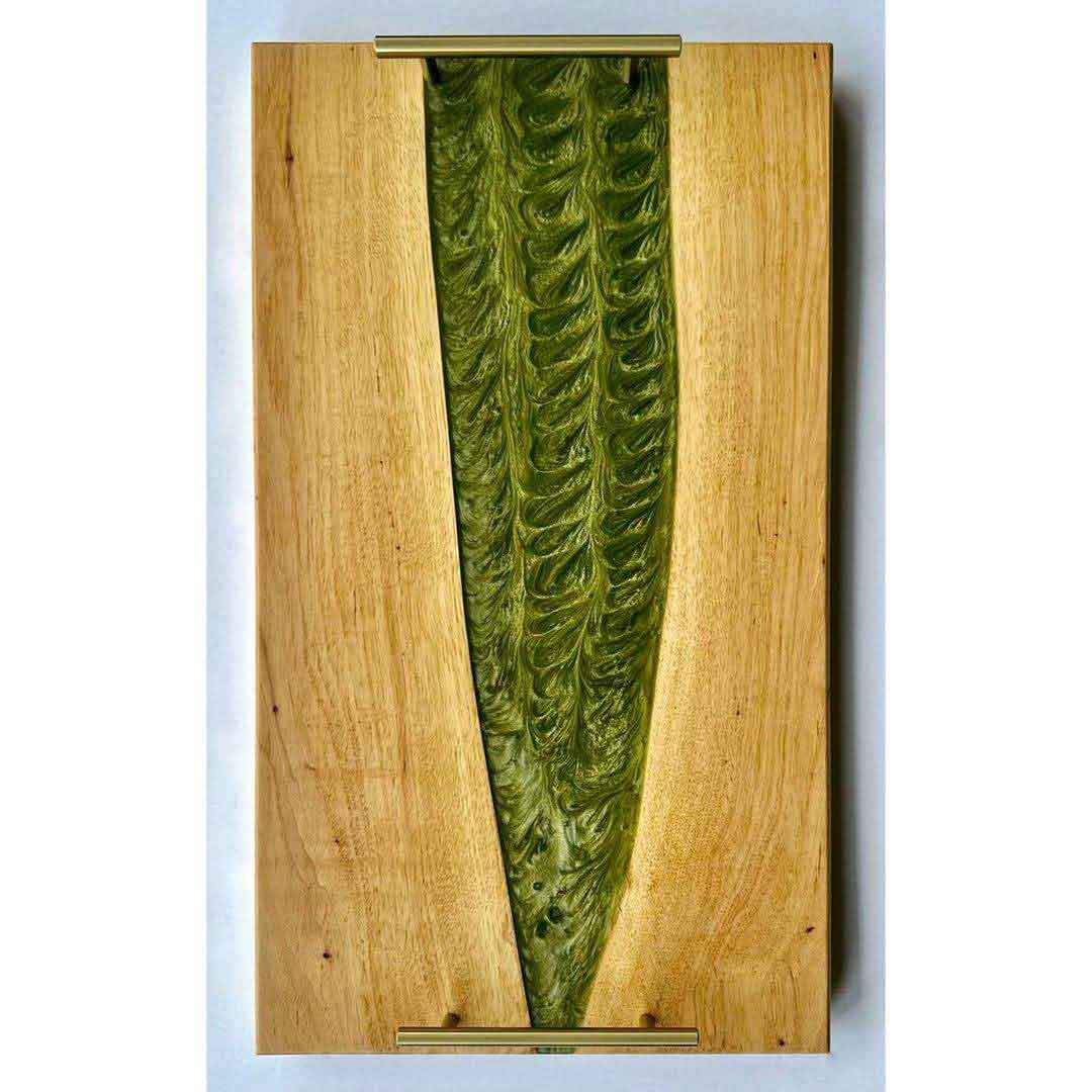 Pecan Tray With Olive Green Epoxy 26x15x1 Inch by Mindful Creations Woodworking