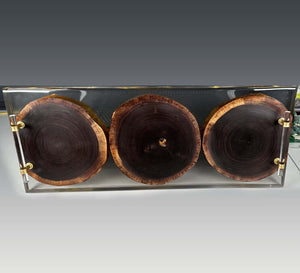 Black walnut cookies tray epoxy gilding with clear epoxy base and gold handles, showcasing three walnut slices.