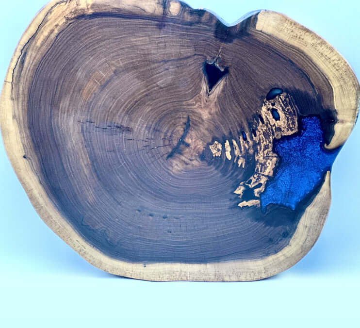live edge black walnut lazy susan with unique blue resin accent