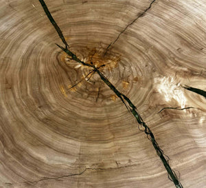 Live edge cottonwood coffee table showing detailed wood grain and olive green epoxy fill, perfect for rustic decor.
