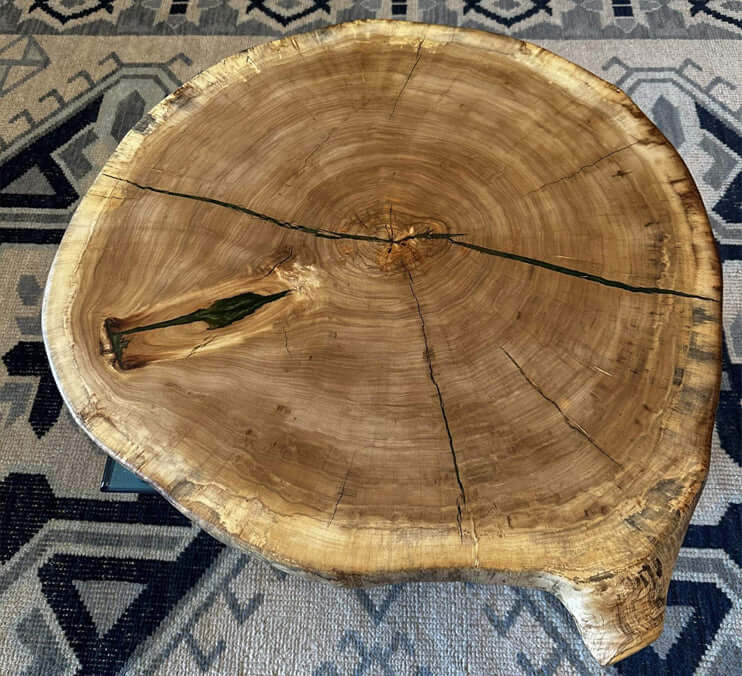 Live Edge Cottonwood Coffee Table — Handmade and unique with olive green epoxy filled cracks.