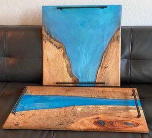 Ocean blue epoxy serving tray and art piece showcasing rich elm wood and vibrant blue epoxy accents.