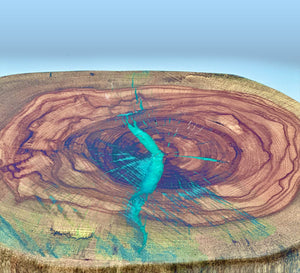 live edge pecan lazy susan showcasing natural wood grain and turquoise epoxy detailing.