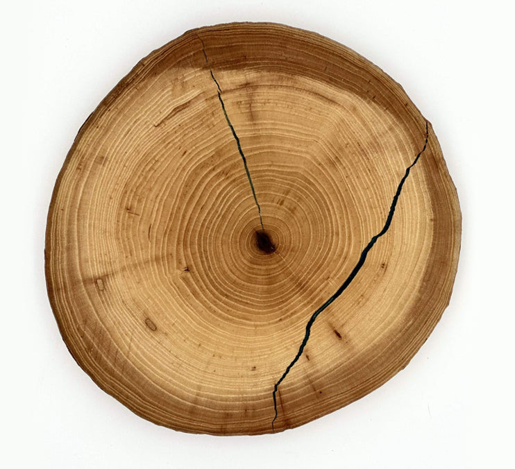 Live edge wood centerpiece showcasing natural grain and cracks, perfect for home decor and serving pieces.