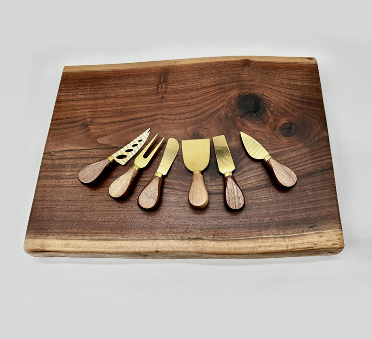 Live Edge Walnut Charcuterie Board With 6 Cheese Knives Set 19x12.5x1 1/4 Inch by Mindful Creations Woodworking
