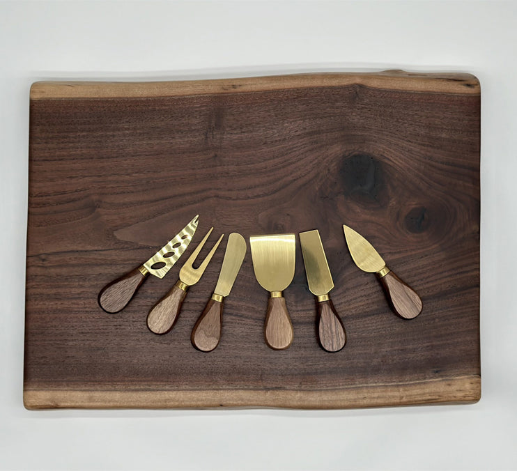 Live Edge Walnut Charcuterie Board With 6 Cheese Knives Set 19x12.5x1 1/4 Inch by Mindful Creations Woodworking