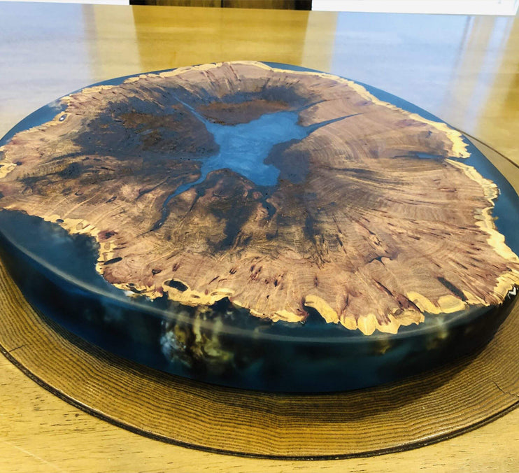 Mesquite Live Edge Lazy Susan With Clear Blue Epoxy, 18x18x1.5 Inches by Mindful Creations Woodworking