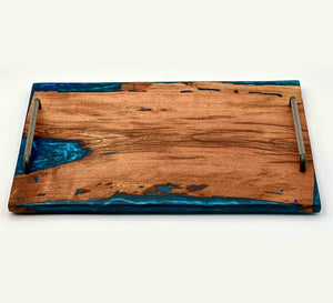 Mesquite Live Edge Tray with Blue Epoxy River — Food-Safe Finish, 23×14 in. by Mindful Creations Woodworking