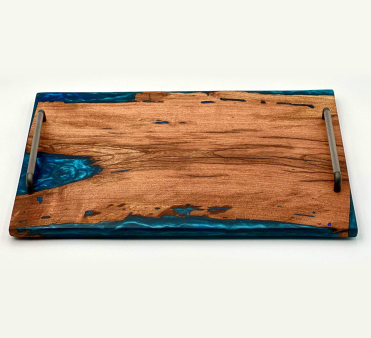 Mesquite Live Edge Tray with Blue Epoxy River — Food-Safe Finish, 23×14 in. by Mindful Creations Woodworking