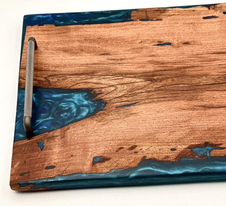 Mesquite Live Edge Tray with Blue Epoxy River — Food-Safe Finish, 23×14 in. by Mindful Creations Woodworking