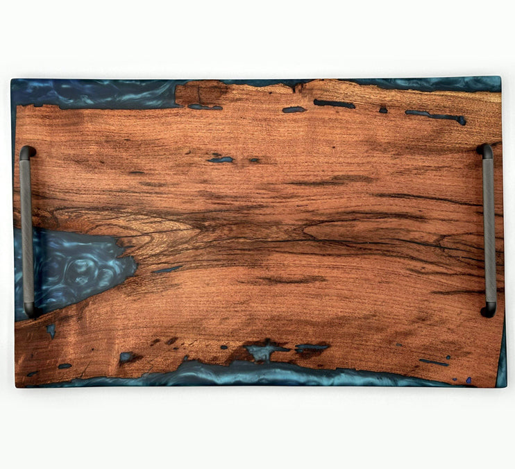 Mesquite Live Edge Tray with Blue Epoxy River — Food-Safe Finish, 23×14 in. by Mindful Creations Woodworking
