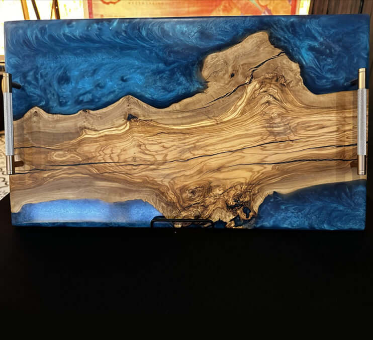 Handcrafted Olive Wood Serving Tray with Blue Epoxy River — 23×15 in. by Mindful Creations Woodworking