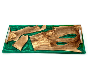 Olive Wood Green Epoxy Tray With Gold Handles showcasing unique natural grain patterns and rich hues.