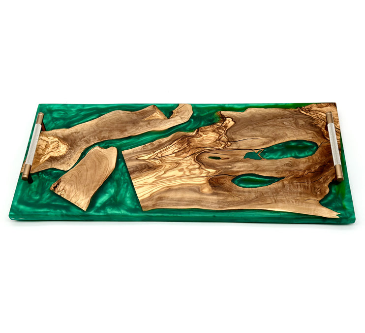 Olive Wood Green Epoxy Tray With Gold Handles by Mindful Creations Woodworking
