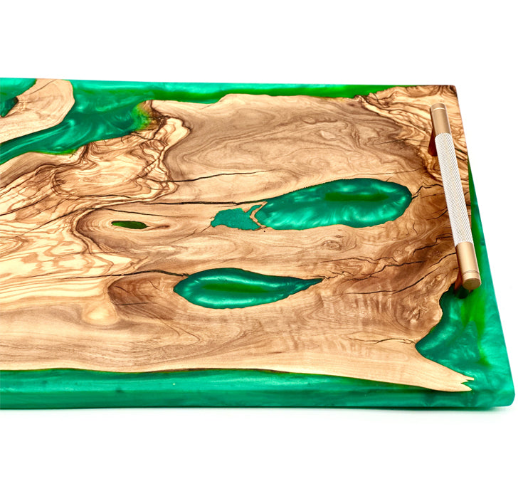 Olive wood epoxy tray featuring green mica epoxy in a contemporary design with gold handles.
