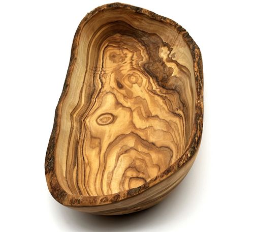 Handcrafted olive wood bowls featuring unique patterns, perfect for salads or fruit storage.