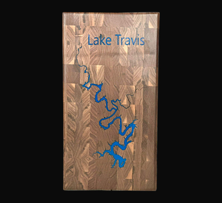 Walnut End Grain Board With Engraved Lake Travis 12x10x1 1/2 Inch by Mindful Woodworking