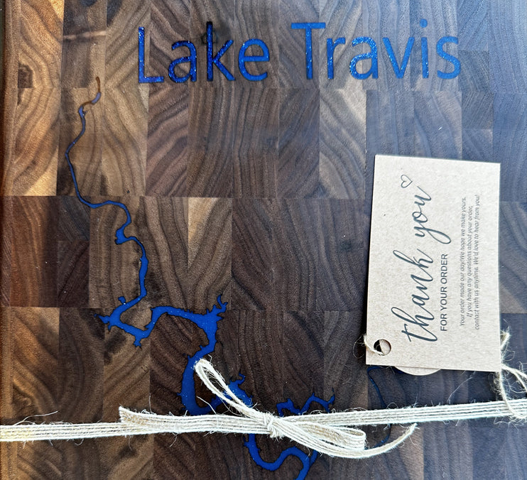 Walnut End Grain Board With Engraved Lake Travis 12x10x1 1/2 Inch by Mindful Woodworking
