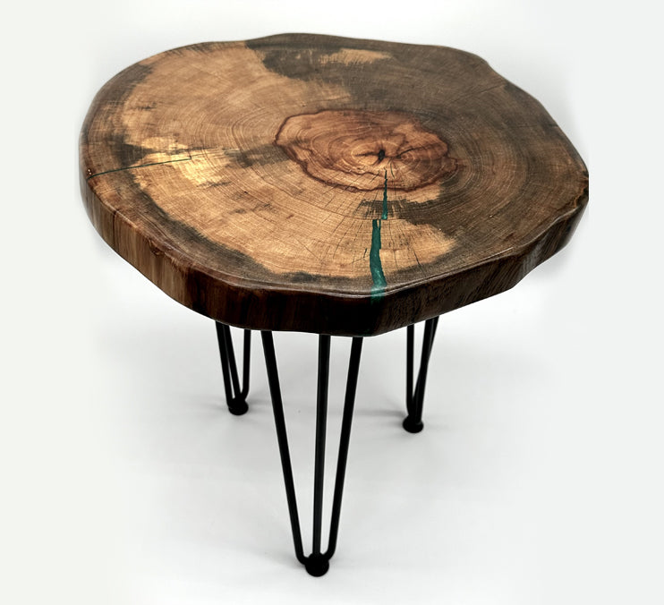 Pecan Live Edge Tables With 16 Inch Hairpin Legs by Mindful Creations Woodworking