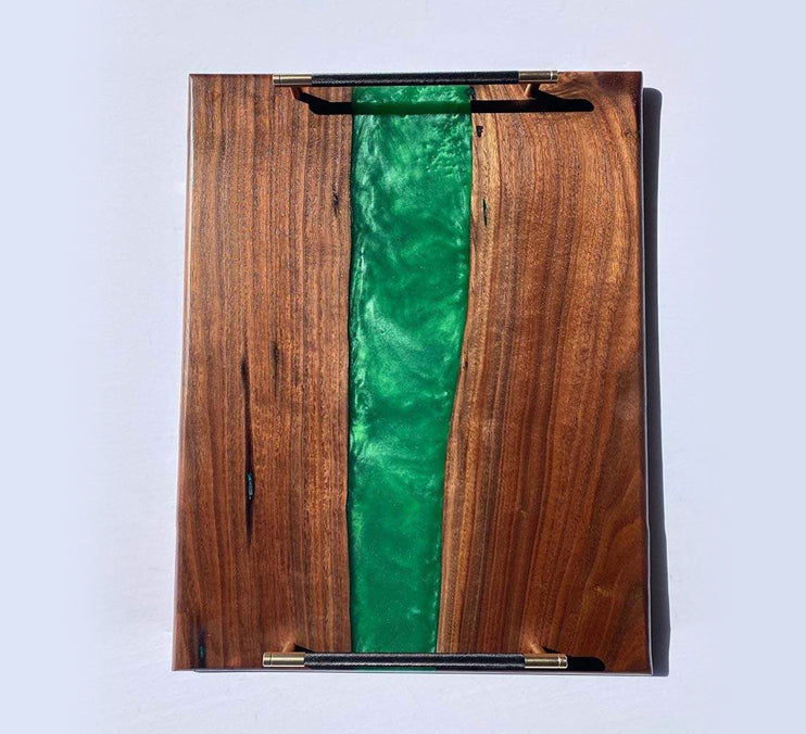 Walnut Metallic Green Epoxy Tray 23 X 15 X 3/4 Inch by Mindful Creations Woodworking