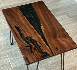 Walnut Table With Black Mica Epoxy and Metal Hair PIN Legs 24 X 14 X 3/4 Inch by Mindful Creations Woodworking