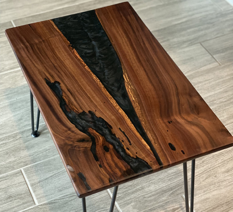 Walnut Table With Black Mica Epoxy and Metal Hair PIN Legs 24 X 14 X 3/4 Inch by Mindful Creations Woodworking