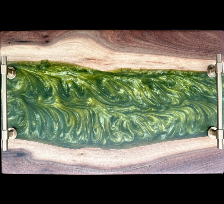 Walnut Live Edge Green Epoxy Tray and Board by Mindful Woodworking