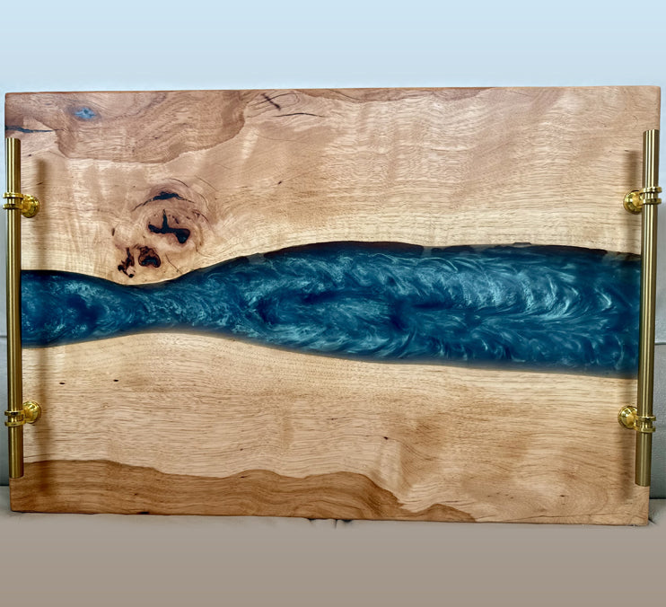 Pecan Tray /board With Blue Epoxy (Food Safe) 24x16x1 1/2 Inch by Mindful Creations Woodworking