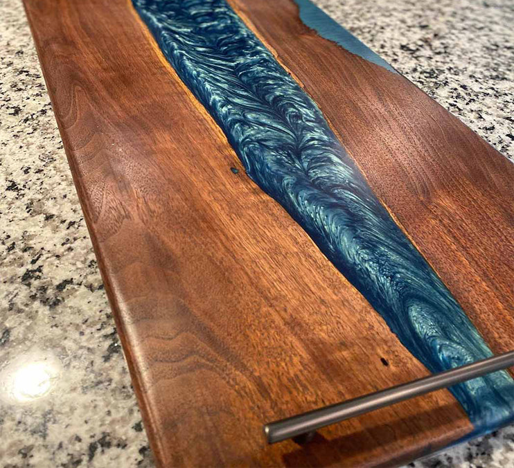 Walnut Serving Tray With Turquoise Epoxy Finished With Rubio Monocot 26 X14 X3/4 Inch by Mindful Creations Woodworking