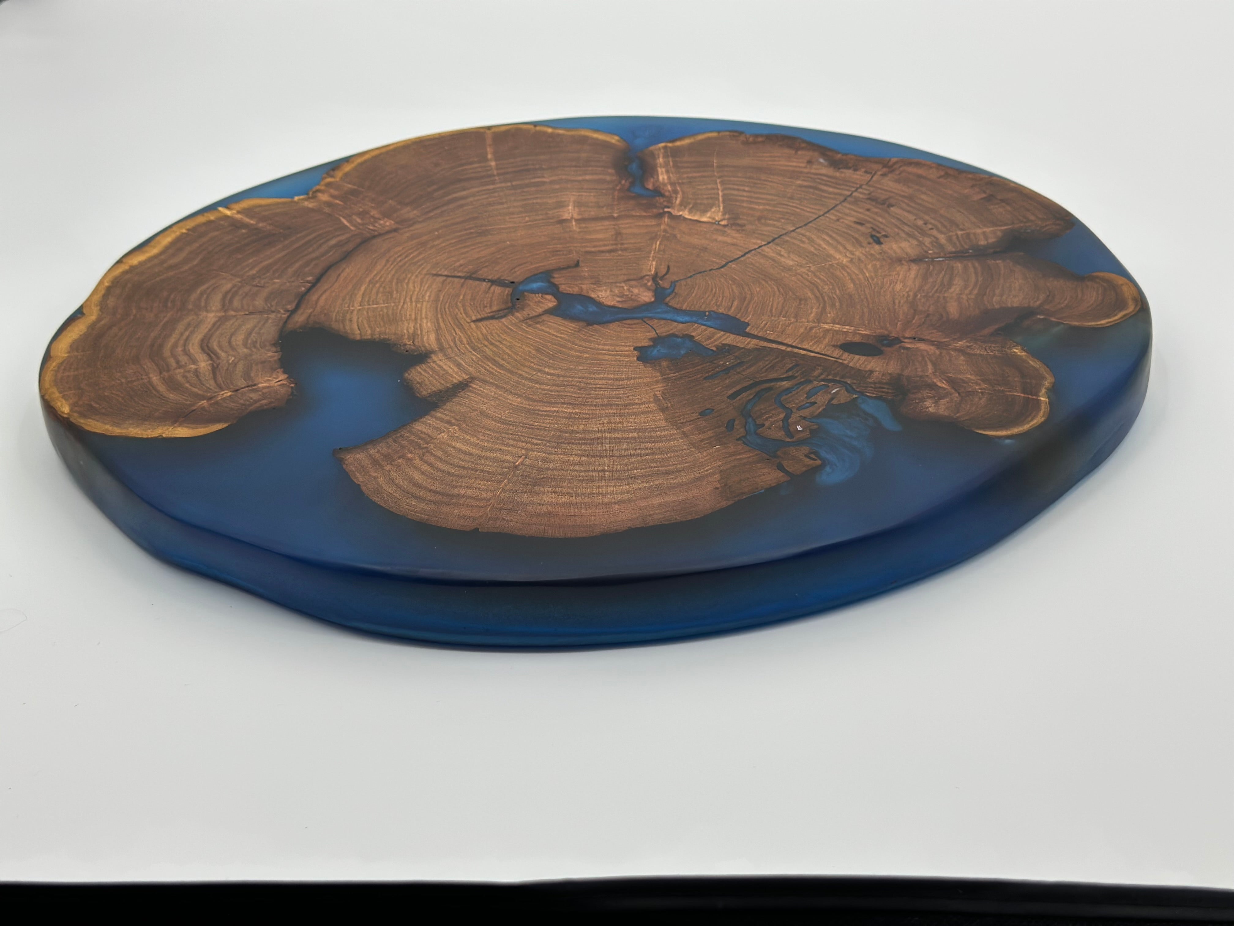 Mesquite Live edge Lazy Susan with Blue epoxy by Mindful Creations Woodworking