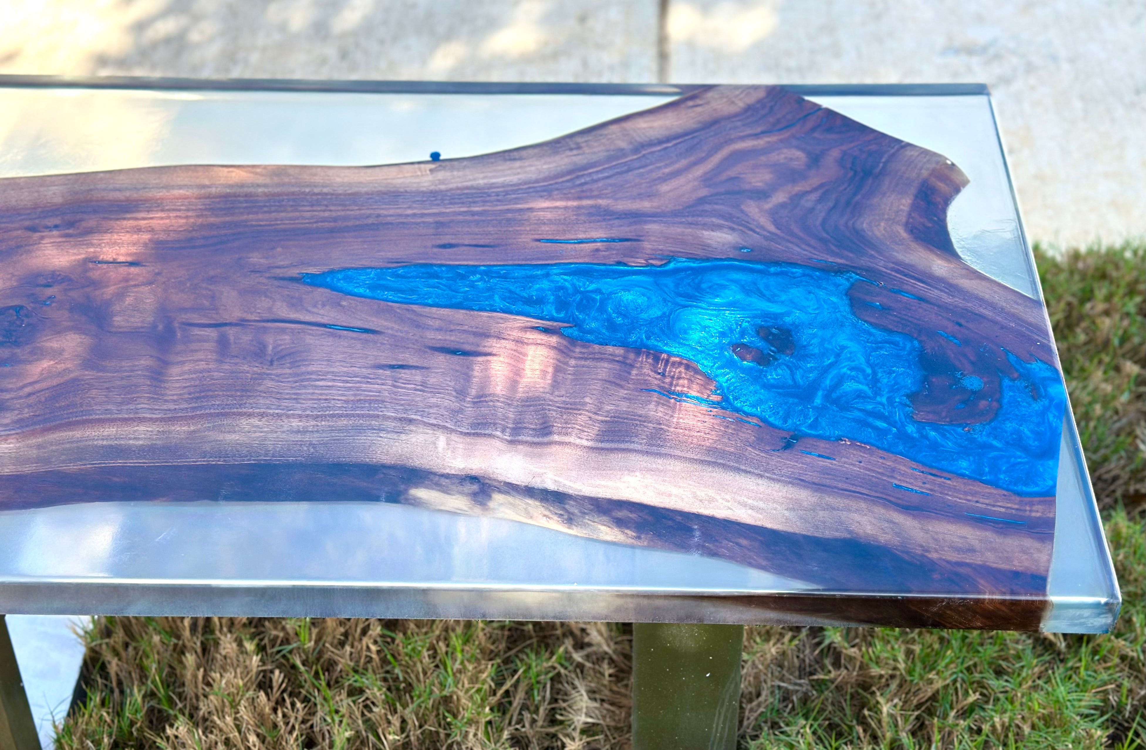 Handcrafted Black Walnut Coffee Table — Blue Epoxy River, Steel Legs by Mindful Creations Woodworking
