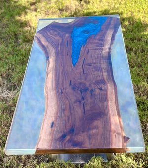 Handcrafted Black Walnut Coffee Table — Blue Epoxy River, Steel Legs by Mindful Creations Woodworking