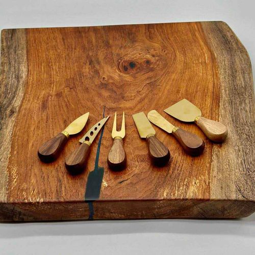 Mesquite Live Edge Charcuterie / Cutting Board With 6 Cheese Knives Set, 18x17x1.75 by Mindful Creations Woodworking