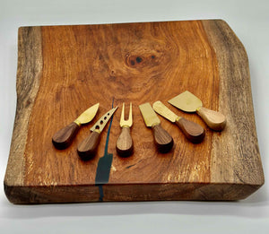 Mesquite Live Edge Charcuterie / Cutting Board With 6 Cheese Knives Set, 18x17x1.75 by Mindful Creations Woodworking