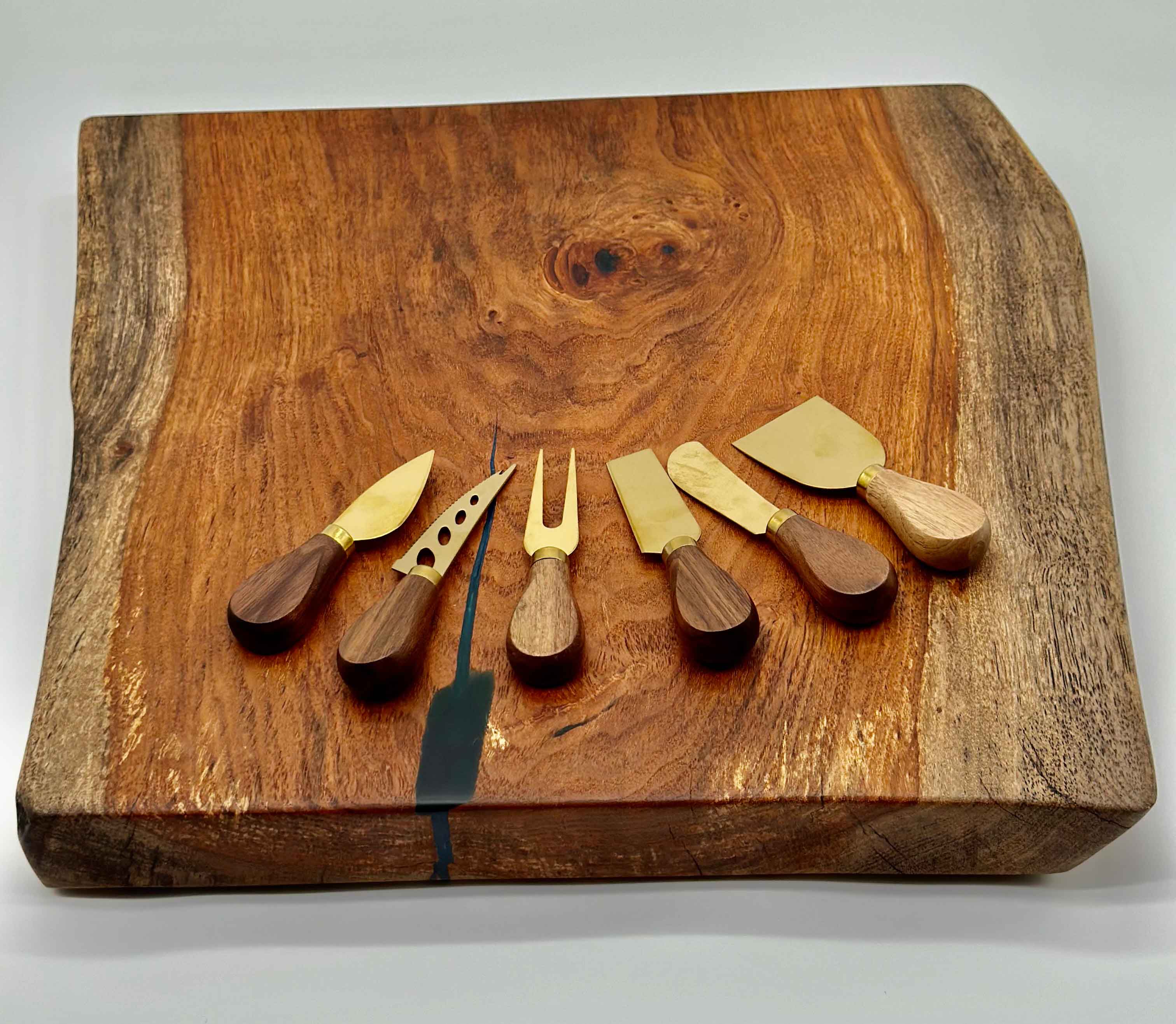 Mesquite Live Edge Charcuterie / Cutting Board With 6 Cheese Knives Set, 18x17x1.75 by Mindful Creations Woodworking