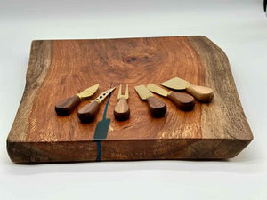 Mesquite Live Edge Charcuterie / Cutting Board With 6 Cheese Knives Set, 18x17x1.75 by Mindful Creations Woodworking