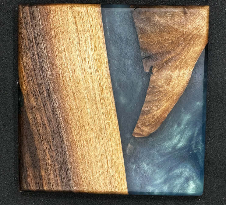 Black Walnut Coaster Set (4) With Blue Epoxy 4x4 Inch by Mindful Creations Woodworking