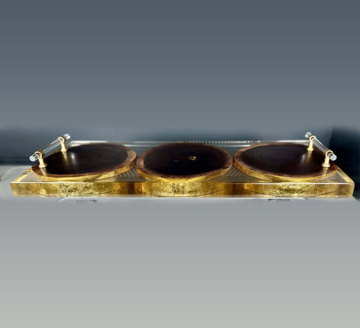 Black walnut cookies tray epoxy gilding featuring three walnut cookies in clear epoxy with gold gilding accents.