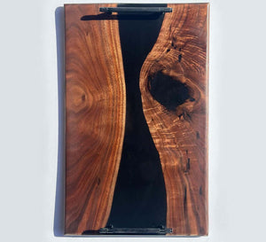 Black walnut epoxy serving tray with stylish black epoxy inlay, perfect for modern home decor.