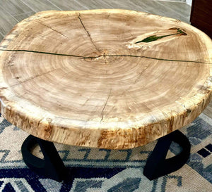 Live Edge Cottonwood Coffee Table — Handmade with olive green epoxy and black legs, 36×36 in., unique design from Texas.