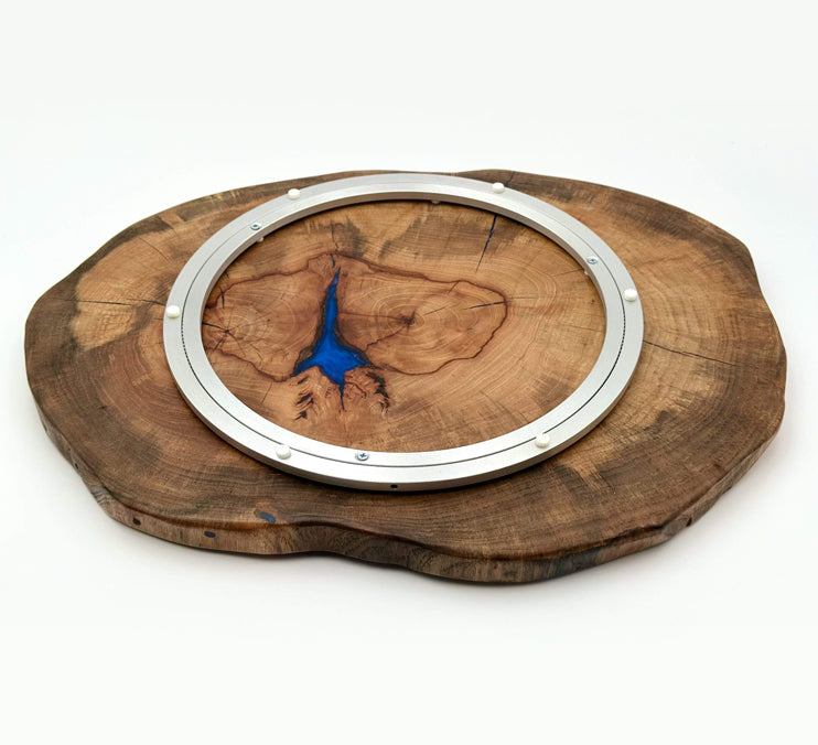 Pecan live edge lazy susan showcasing natural wood grain and blue resin detail, crafted with Odie's Oil finish.