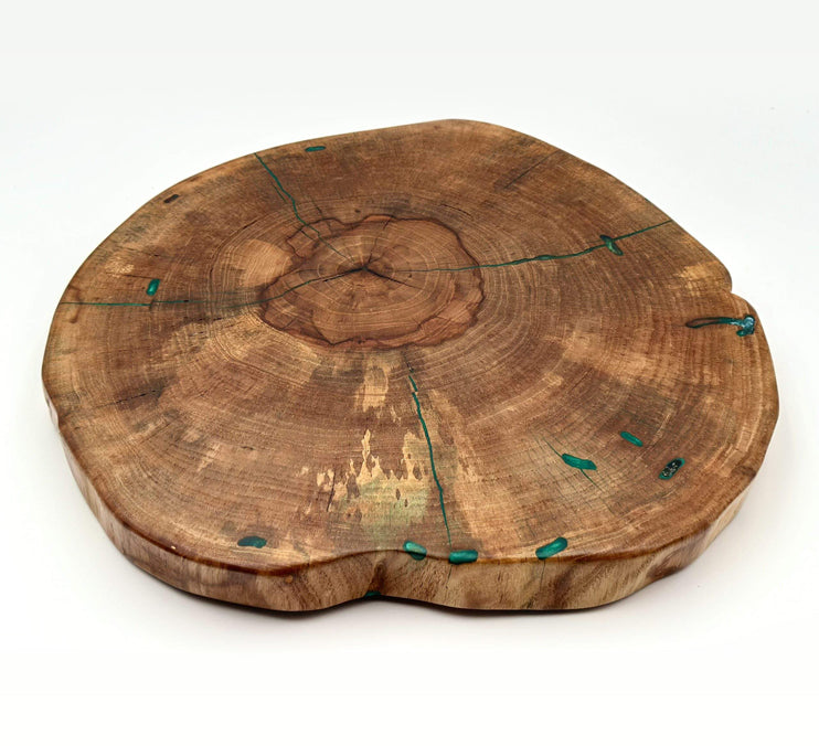 Pecan live edge lazy susan showcasing unique natural grain patterns and vibrant colors, finished with Odie’s Oil.