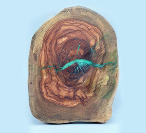 live edge pecan lazy susan showcasing natural grain and turquoise epoxy accents.