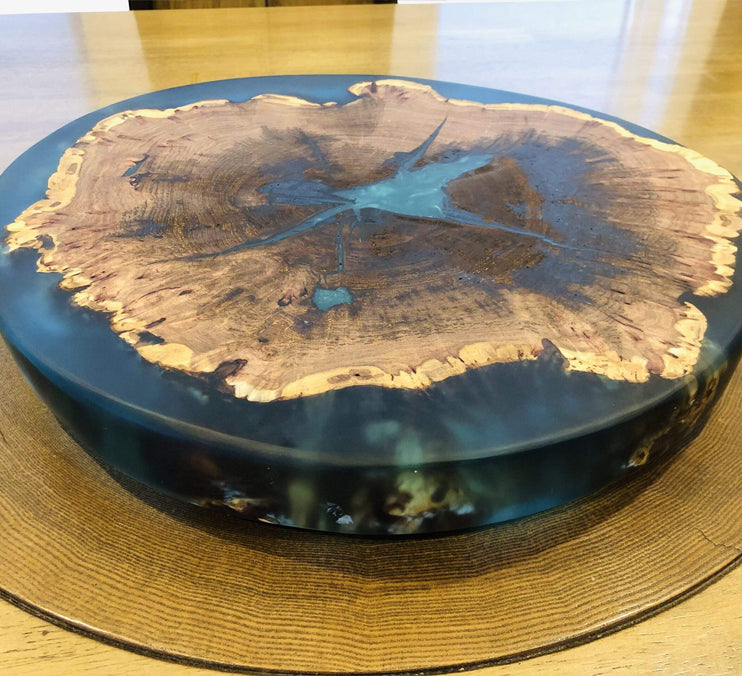 Mesquite Live Edge Lazy Susan With Clear Blue Epoxy, 18x18x1.5 Inches by Mindful Creations Woodworking