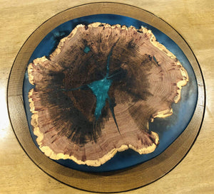 Mesquite Live Edge Lazy Susan With Clear Blue Epoxy, 18x18x1.5 Inches by Mindful Creations Woodworking