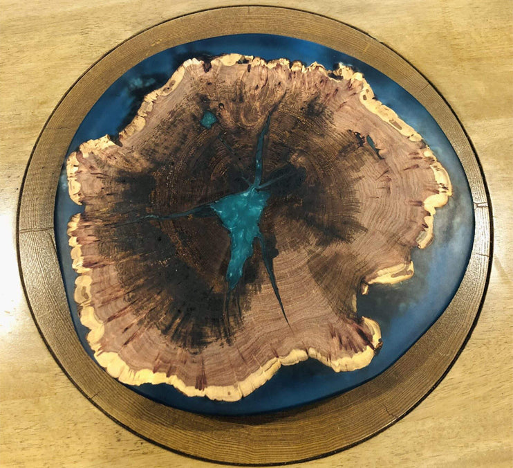 Mesquite Live Edge Lazy Susan With Clear Blue Epoxy, 18x18x1.5 Inches by Mindful Creations Woodworking