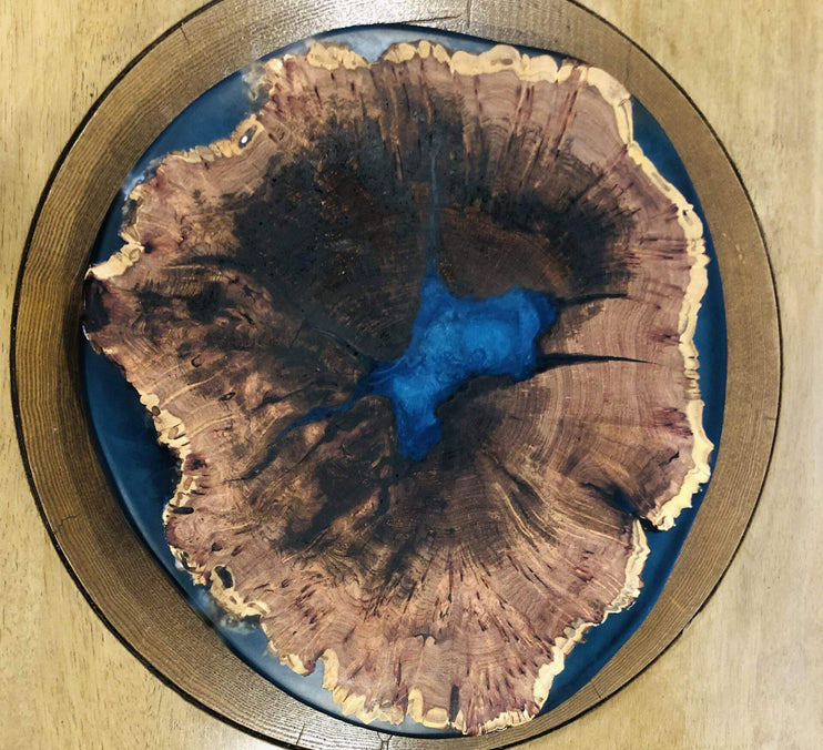 Mesquite Live Edge Lazy Susan With Clear Blue Epoxy, 18x18x1.5 Inches by Mindful Creations Woodworking