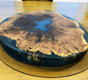 Mesquite Live Edge Lazy Susan With Clear Blue Epoxy, 18x18x1.5 Inches by Mindful Creations Woodworking
